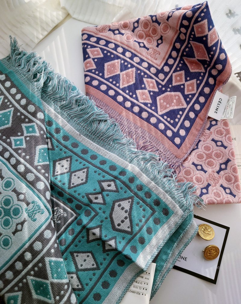 未使用带标 CELINE 凯旋门格纹民族毛毯盖毯颈巾围巾领巾围脖披肩 - 围巾/披肩 - 羊毛 蓝色