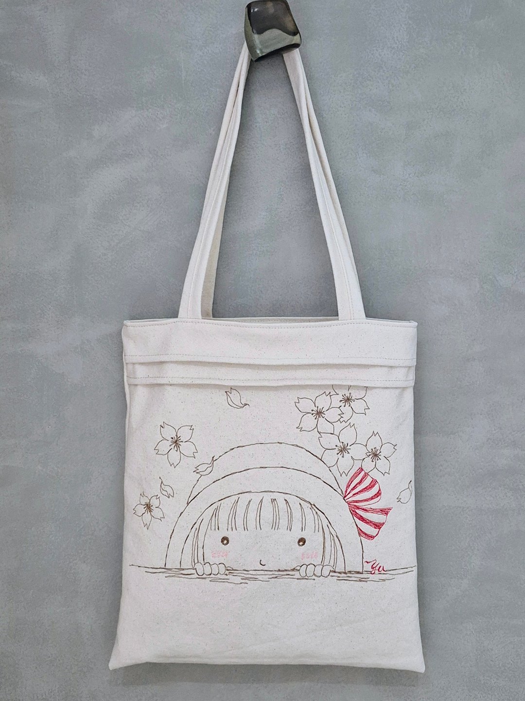 春暖~插画设计手工车绣肩背包 - 侧背包/斜挎包 - 棉 白色