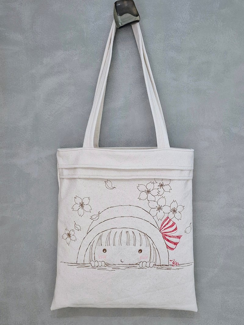 春暖~插画设计手工车绣肩背包 - 侧背包/斜挎包 - 棉．麻 白色