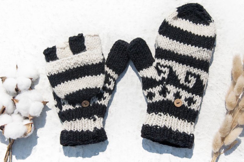 触控手套 防风手织纯羊毛针织手套 手织纯羊毛针织手套/可拆卸手套/内刷毛手套/保暖手套 圣诞节礼物 情人节礼-非洲黑白色 - 手套 - 羊毛 多色