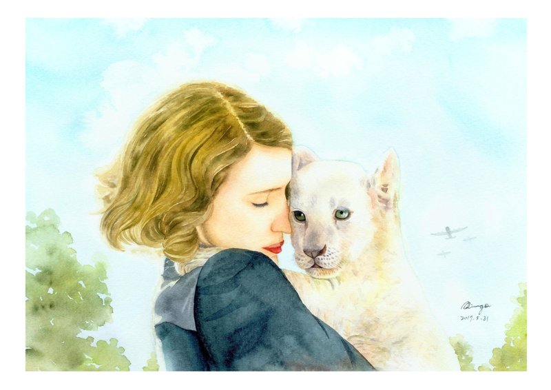 拥抱动物水彩人物画肖像画 原画画作 - 海报/装饰画/版画 - 纸 