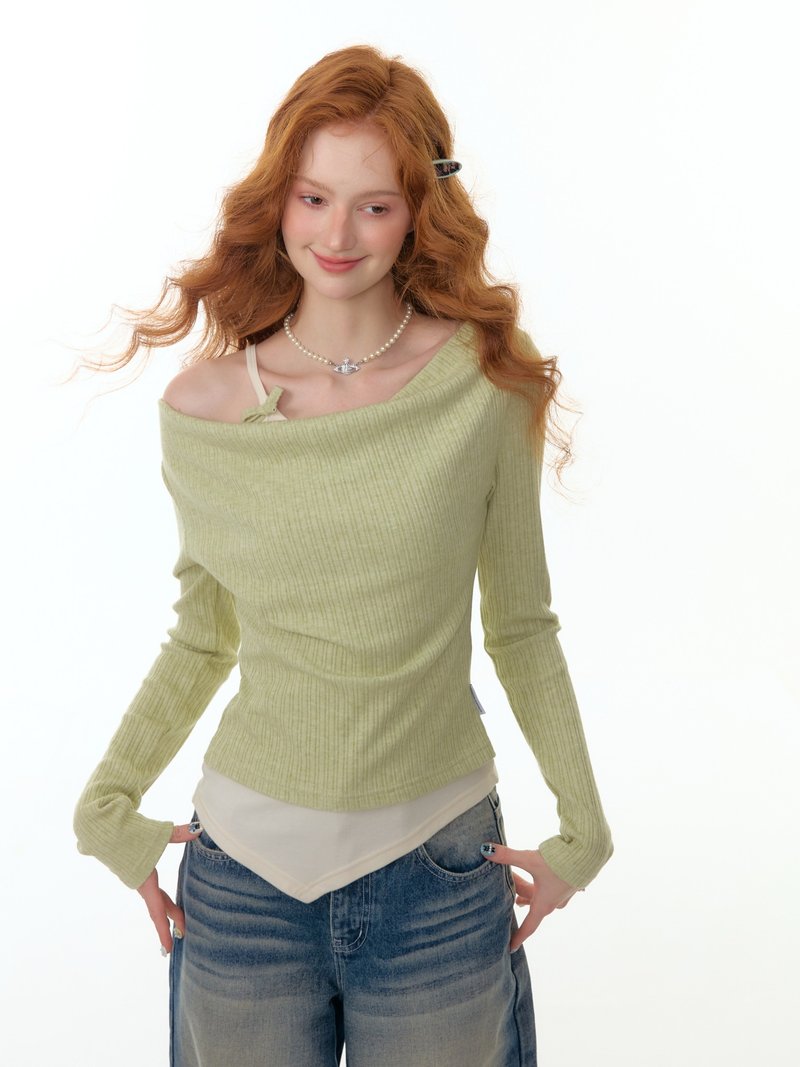 ziziFei秋冬新款美式设计感荡领假两件修身显瘦上衣长袖针织t恤女 - 女装上衣 - 其他材质 