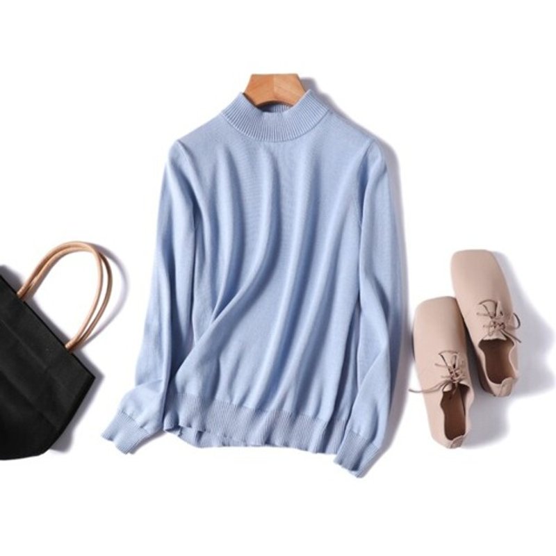 每日穿搭首选 纯棉100% 内着针织衫 高领毛衣 11色任选 浅蓝色 211001-04 - 女装上衣 - 棉．麻 