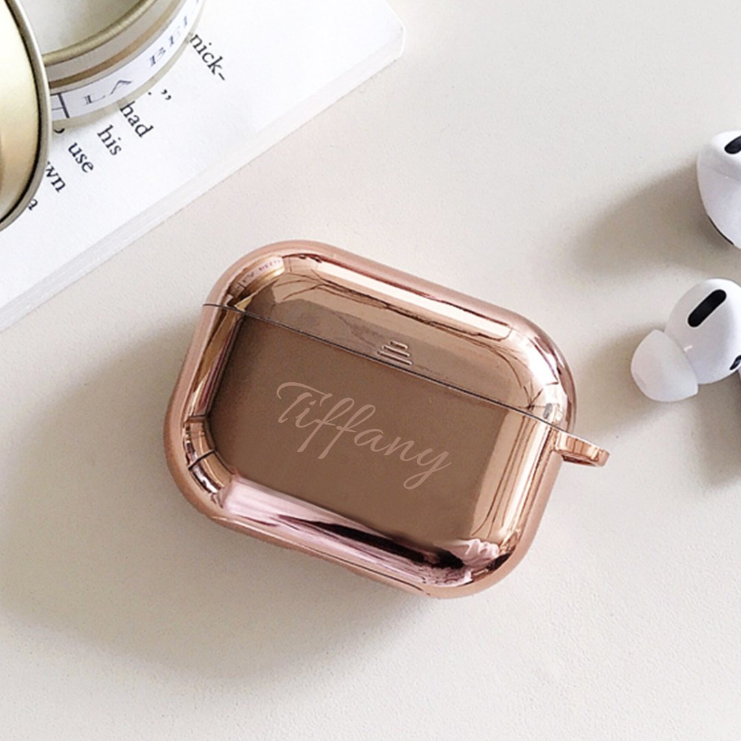 玫瑰金色Airpods Pro / Pro 2 电镀金属色矽胶保护套附客制化服务 - 耳机收纳 - 硅胶 金色