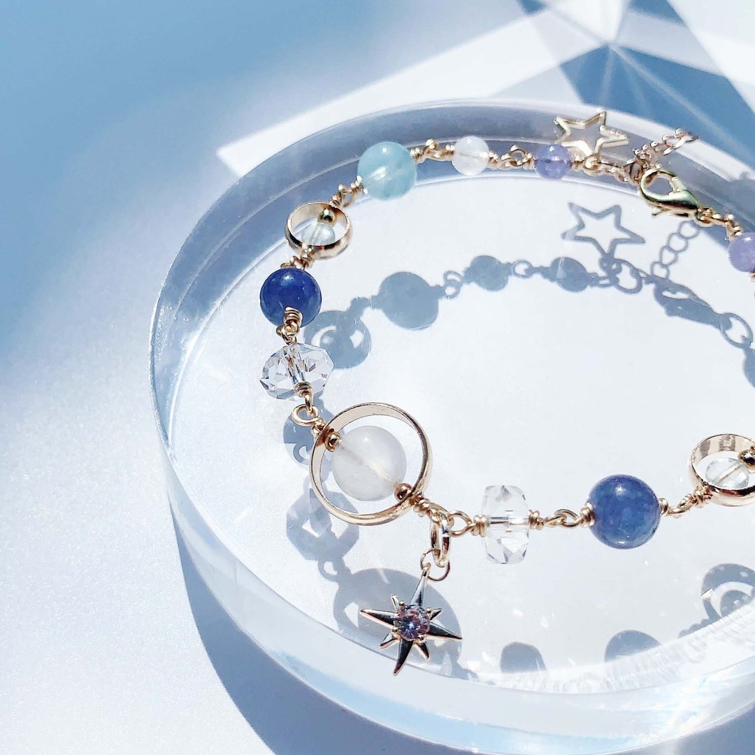 坦桑石 海蓝宝 托帕石 月光石 14K 包金 手工绕线 天然水晶手链 - 手链/手环 - 水晶 多色