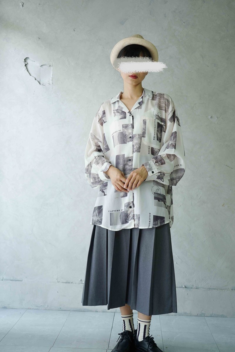 寻宝古着-黑白相片印花透肤白色雪纺衬衫 - 女装衬衫 - 聚酯纤维 白色