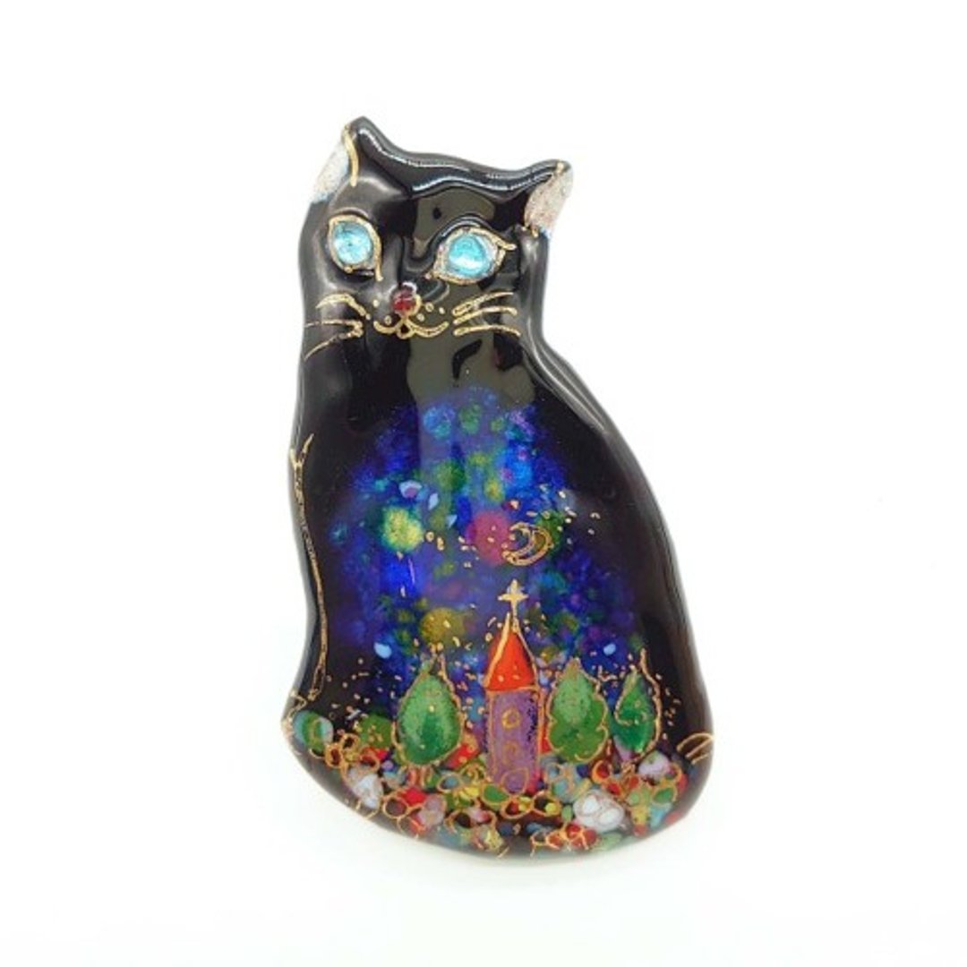 夜间散步的猫 - 黑猫 - 七宝烧胸针 - 胸针 - 其他金属 黑色