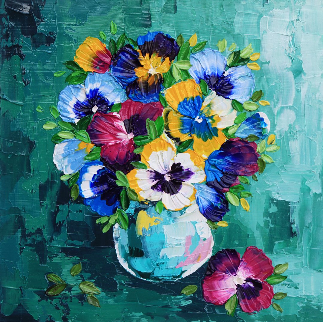 Pansy Painting Floral Original Art Impasro Artwork Small Oil Painting 25 by 25cm - 海报/装饰画/版画 - 其他材质 多色