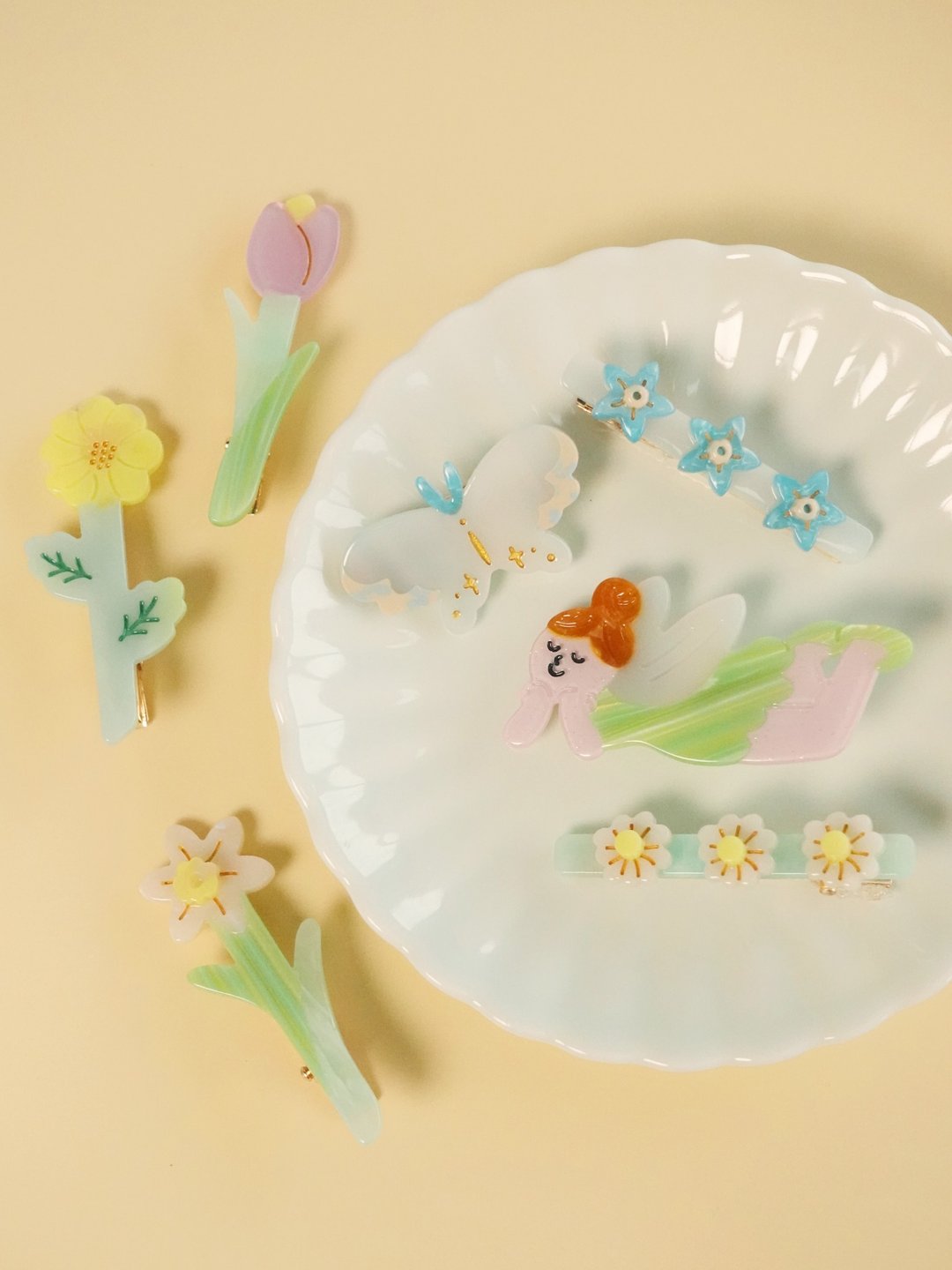 花园系列 花园精灵 郁金香 雏菊 小苍兰 蝴蝶 发夹 鸭嘴夹 - 发饰 - 其他材质 多色