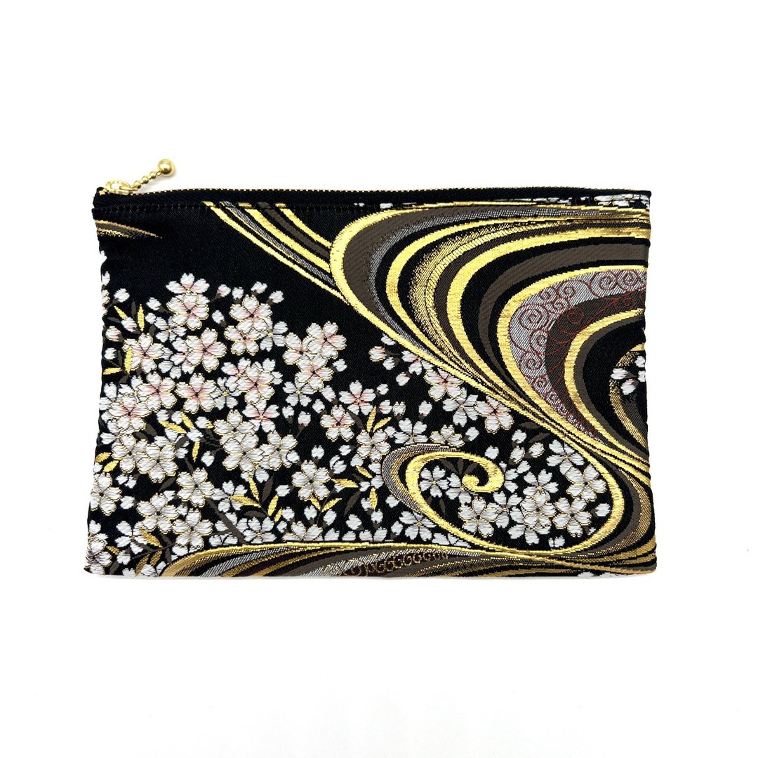 Japanese pattern pouch made from Kyoto, Nishijin-ori, and brocade fabric 20cm zipper L size - 化妆包/杂物包 - 聚酯纤维 黑色