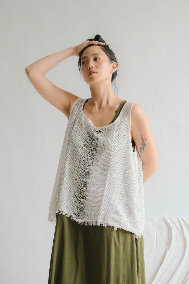 网格针织须线罩衫背心 / Hemp 米白 - 女装背心 - 棉．麻 白色