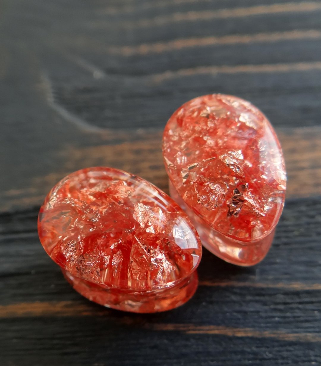 Rose plugs earring 2g 0g 00g gauges flakes Iridescent Teardrop Resin - 耳环/耳夹 - 玫瑰金 粉红色