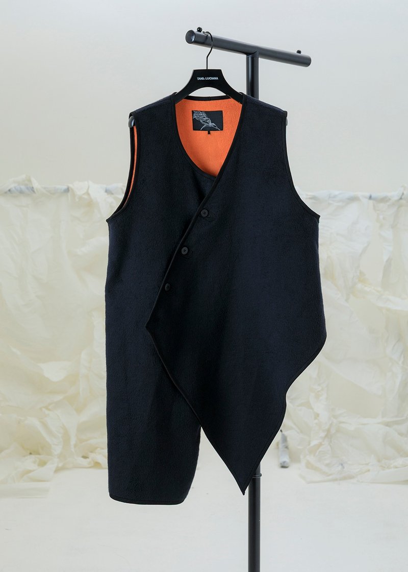 绒感斜襟不对称长背心 - 女装背心 - 其他材质 黑色