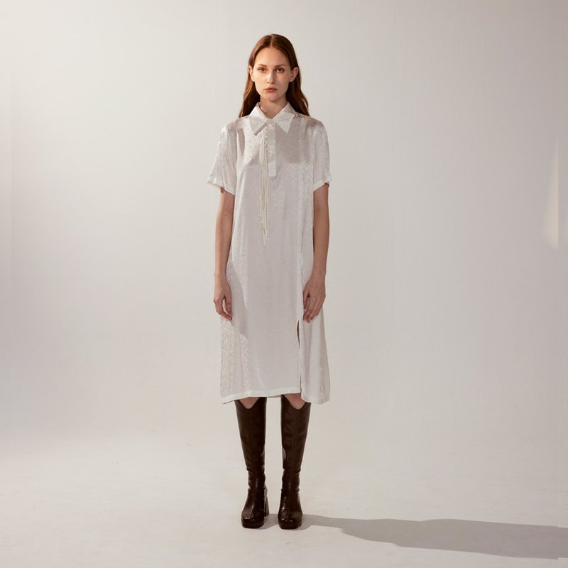 AVVJOY | 花紋緞面流蘇洋裝 - 洋装/连衣裙 - 其他材质 白色