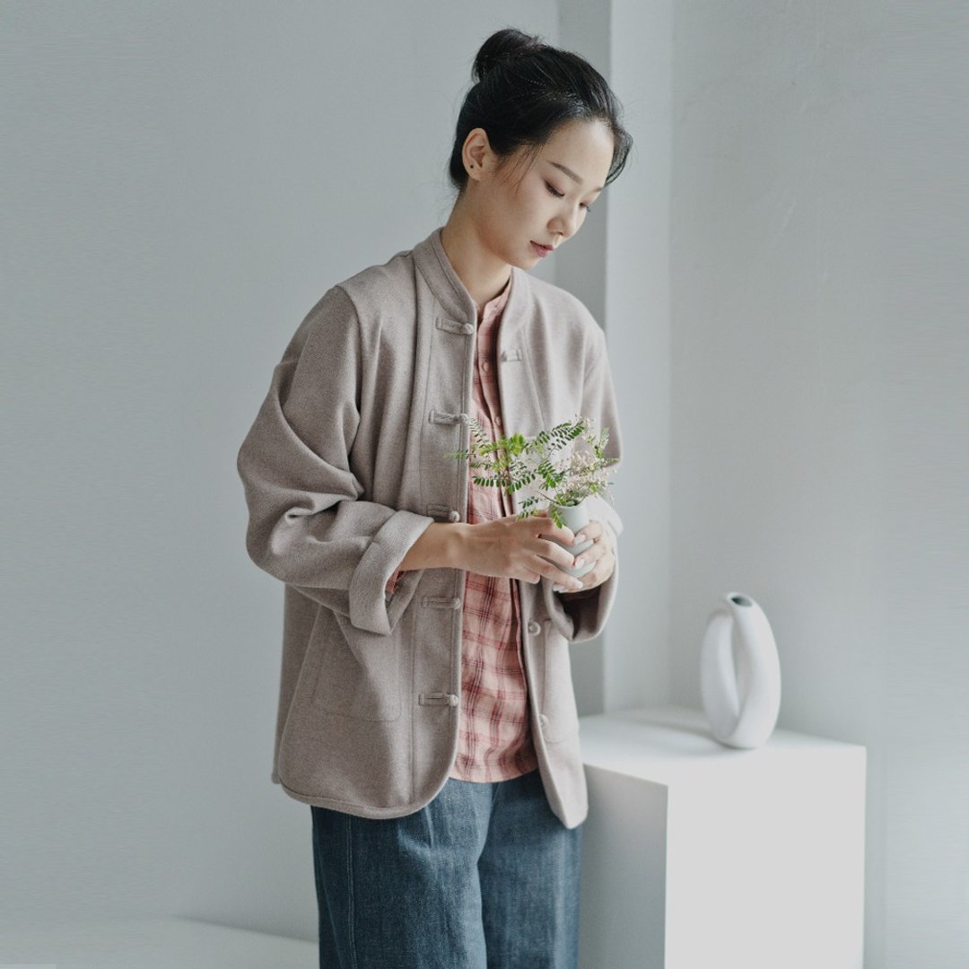 煙熏粉  中性針織中國風外套 O190133P - 女装休闲/机能外套 - 棉 粉红色