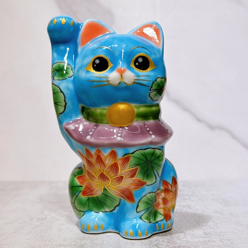 【清水莲缘】日本清水烧招财猫 | 色绘 水色地莲 - 摆饰 - 瓷 多色