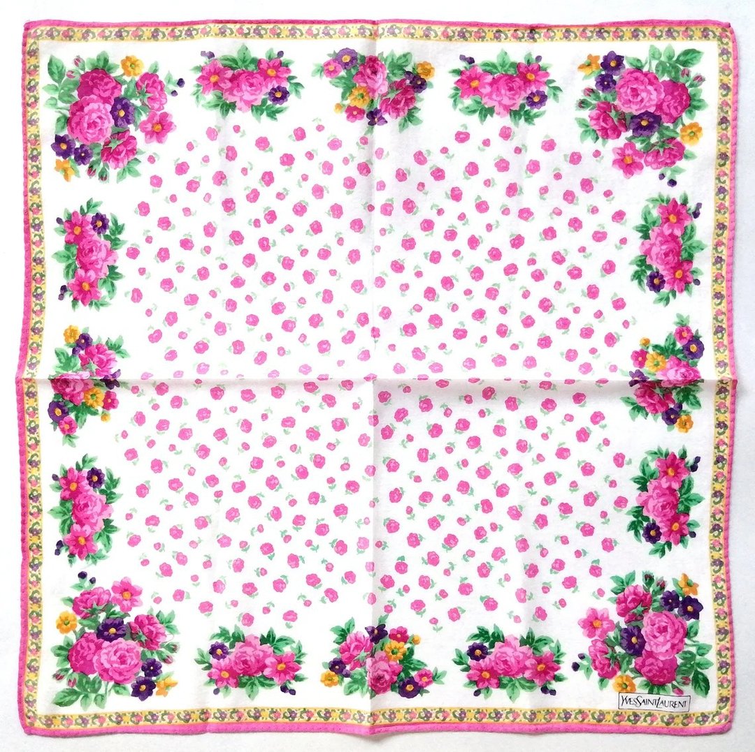 Yves Saint Laurent 古董手帕 玫瑰 提花藤蔓 18 x 18 英寸 - 丝巾 - 棉 粉红色
