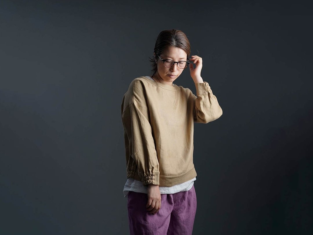 wafu premium linen --Athletic clothing Sweatshirt-like Top / Champagne Gold t048a-cmp3 - 女装上衣 - 亚麻 卡其色