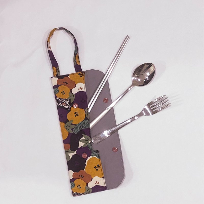 提把环保餐具套- 深紫花簇 - 筷子/筷架 - 棉．麻 紫色