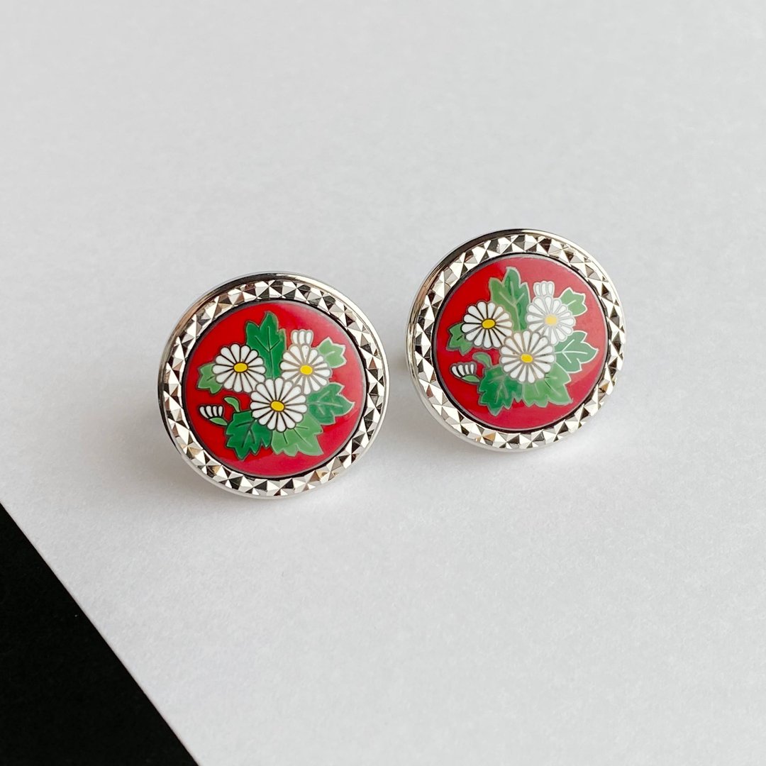 Chrysanthemum [Scarlet Red] Cloisonne Cufflinks Cufflinks Pure Silver Metal Cloisonne - 袖扣 - 其他材质 红色