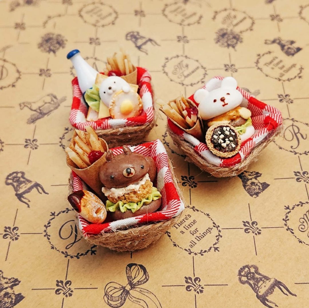 Donguriartstudio 手作仿真食物系列 - 小动物野餐篮疗愈钥匙圈/磁铁 - 钥匙链/钥匙包 - 其他材质 多色