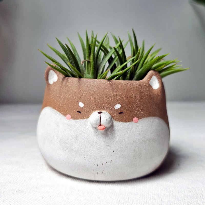 Small shiba inu plant pot. Handmade succulent planter. - 花瓶/陶器 - 陶 