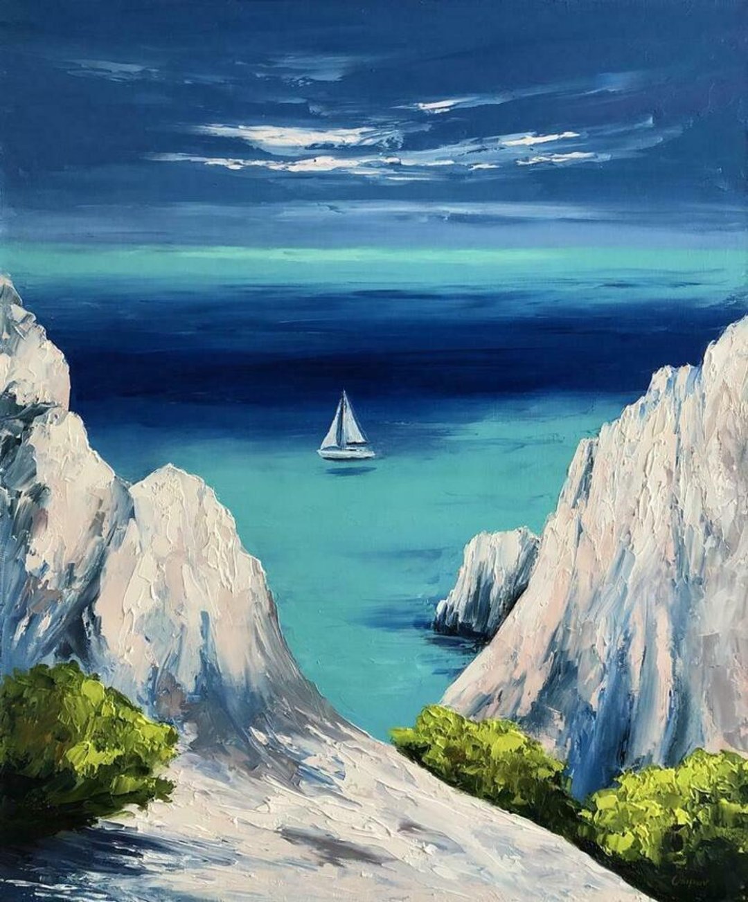 Original Nautical Landscape Oil Painting On Canvas Seascape Sailboat Painting - 墙贴/壁贴 - 棉 多色