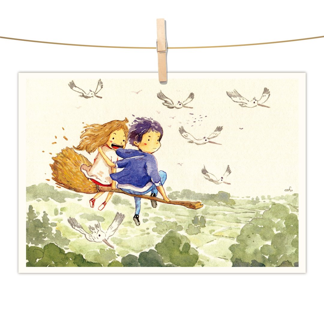 afu水彩插画明信片 - 爱的飞翔 - 卡片/明信片 - 纸 绿色