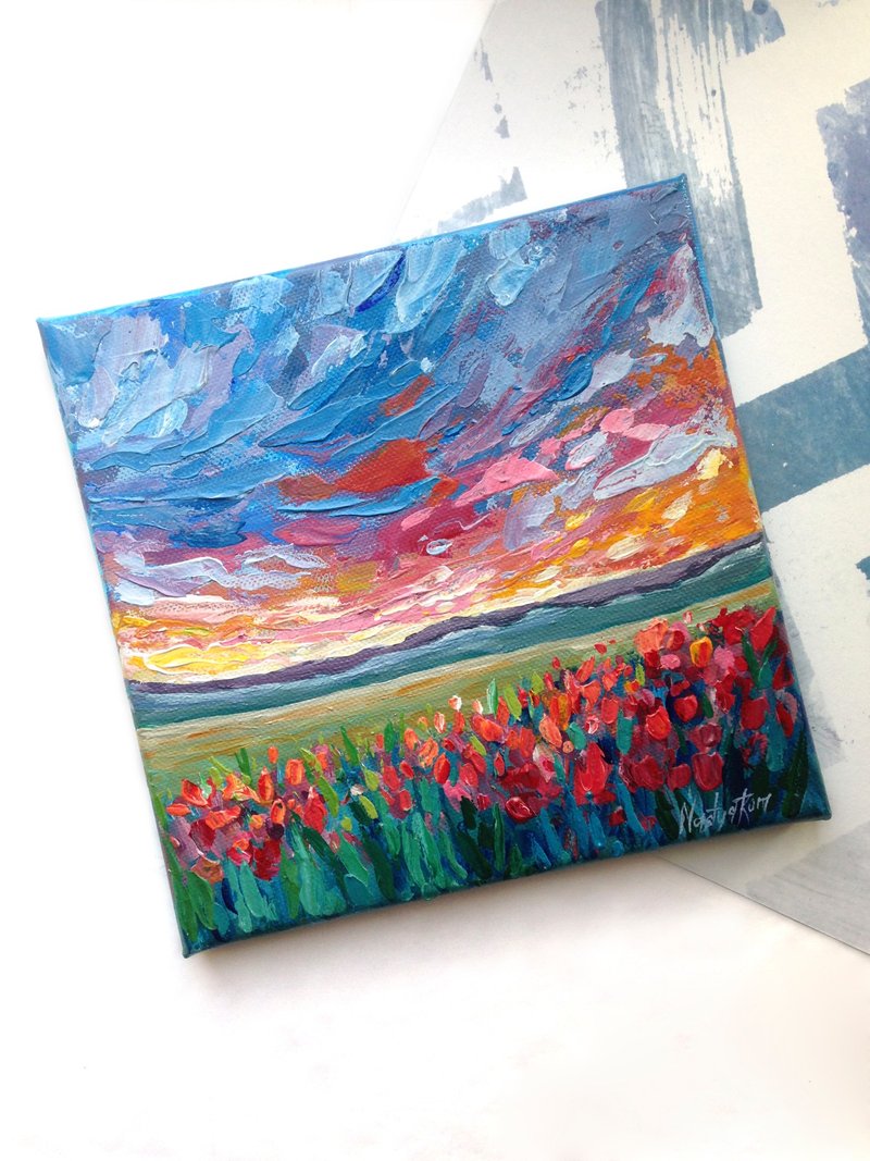 The blooming tulips painting. Sunset painting. California landscape. - 海报/装饰画/版画 - 棉．麻 蓝色