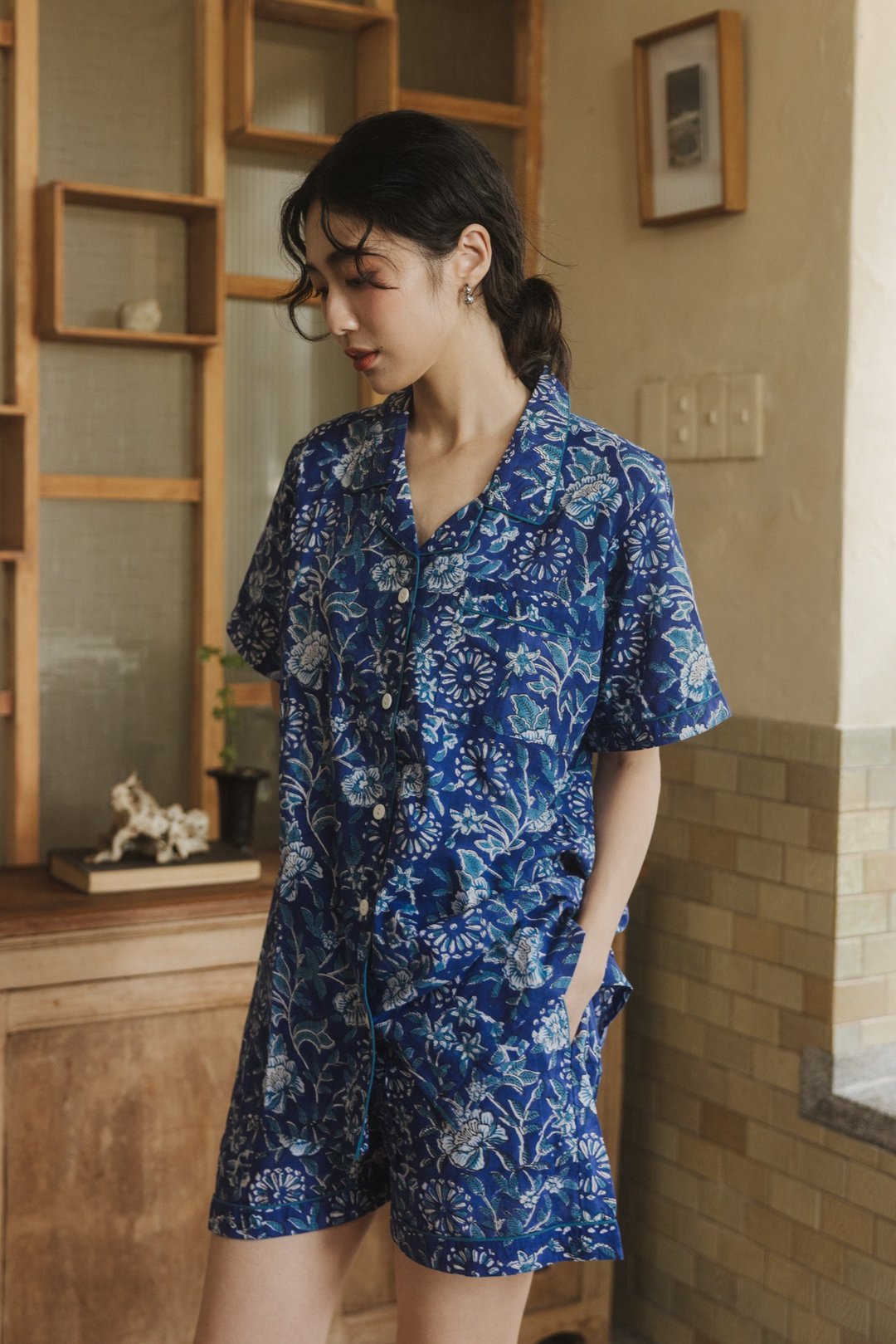印度木刻印睡衣套装_蓝 - 洋装/连衣裙 - 棉．麻 蓝色