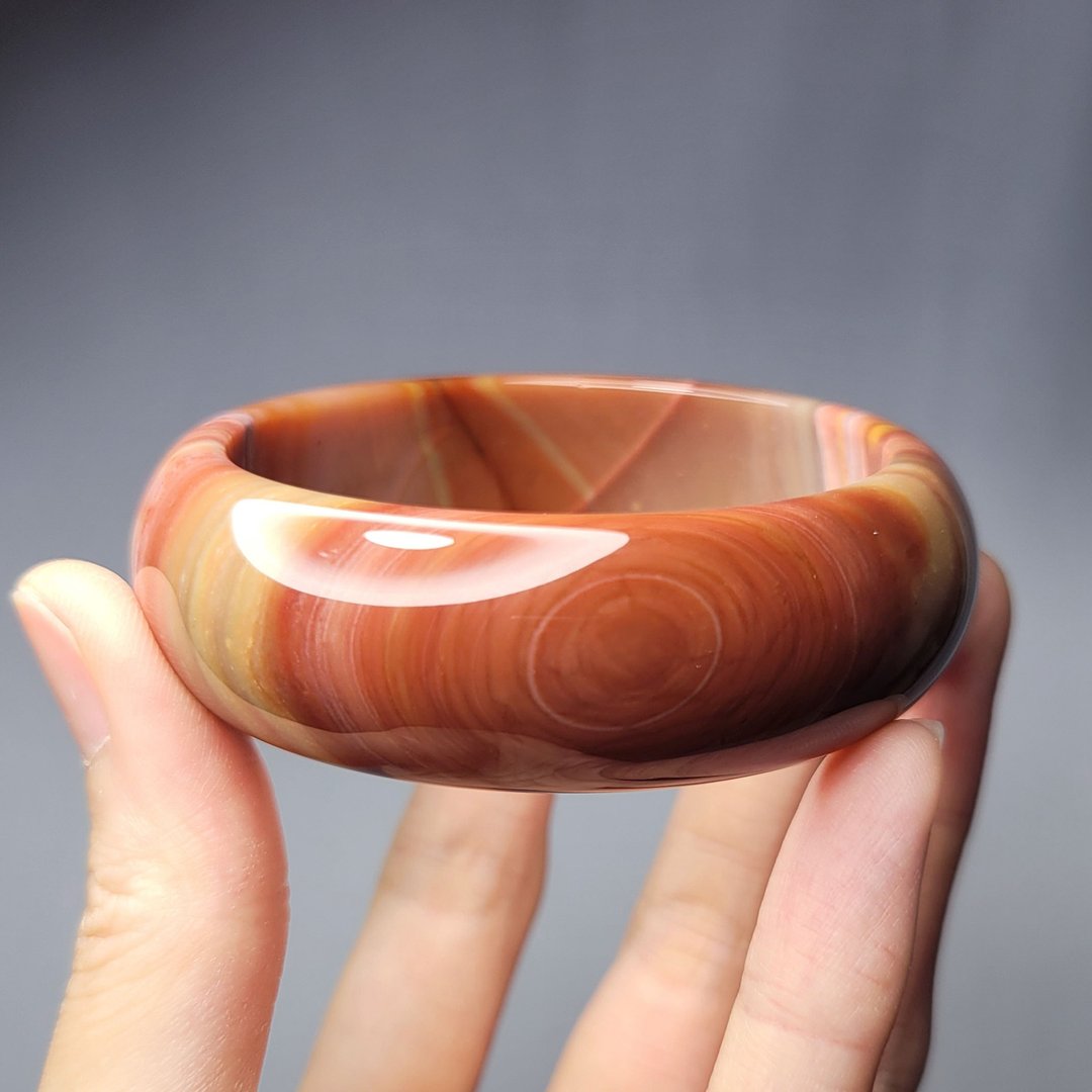 天然 海洋碧玉 缠丝 玉瓍 玛瑙 粉彩 富贵 招财 手镯 18.5cm 单品 - 手链/手环 - 宝石 橘色