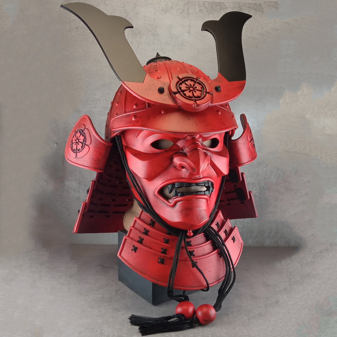 红色武士头盔（附面具）：日本战士盔甲 – 可穿戴的艺术品 - 口罩 - 塑料 红色