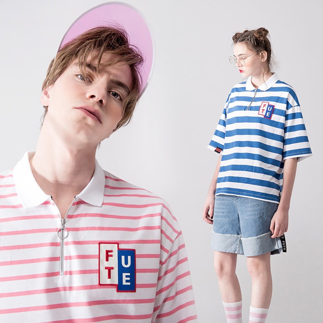 Goody Bag - 短版 宽松落肩 Polo shirt / 蓝白条+白粉条 - 女装上衣 - 棉 粉红色