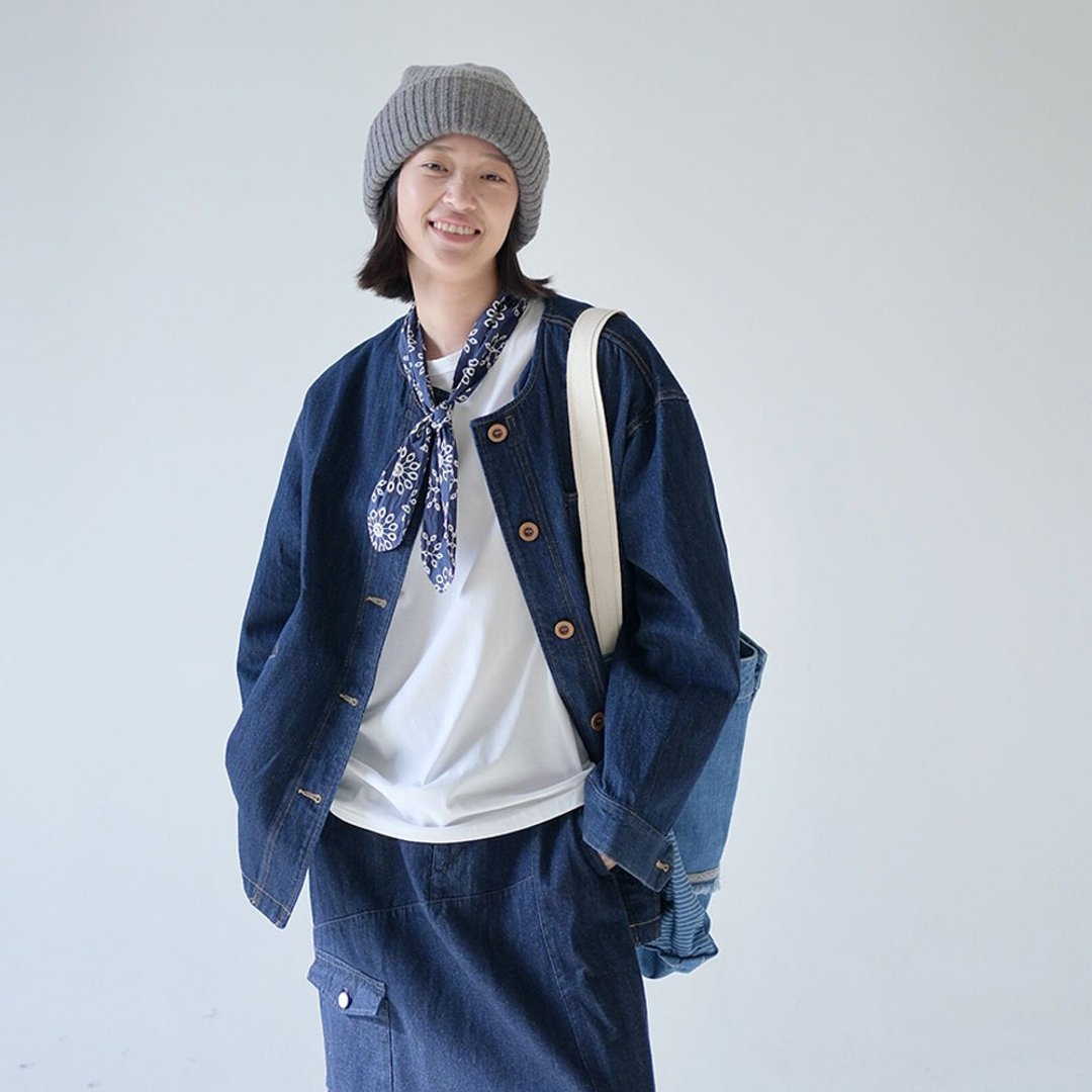 復古圓領顯瘦牛仔衣 / 日系明線設計款 / 寬鬆休閒百搭 - 女装休闲/机能外套 - 棉 蓝色