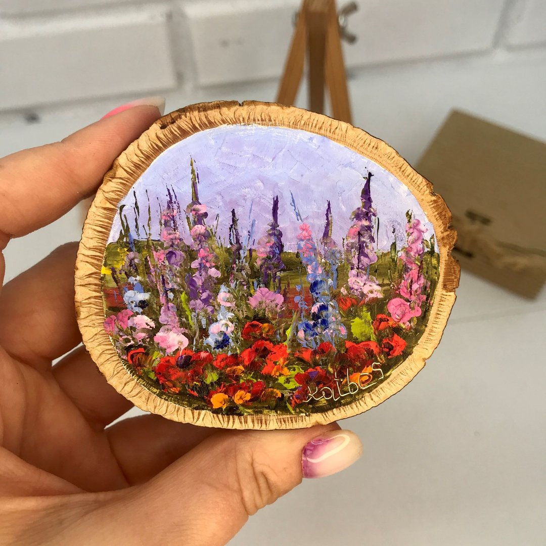 Daisy Poppy lupinus wood painting original wildflowers original small painting - 玩偶/公仔 - 木头 紫色