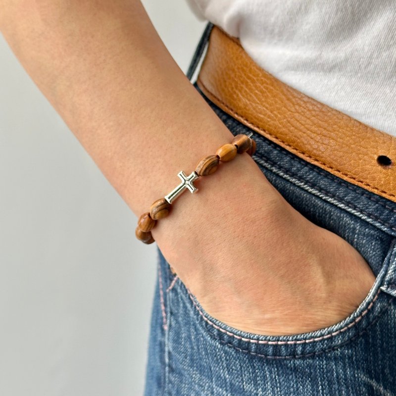 十字架木手鍊 金色Swarovski珍珠 8250881 - 手链/手环 - 木头 多色