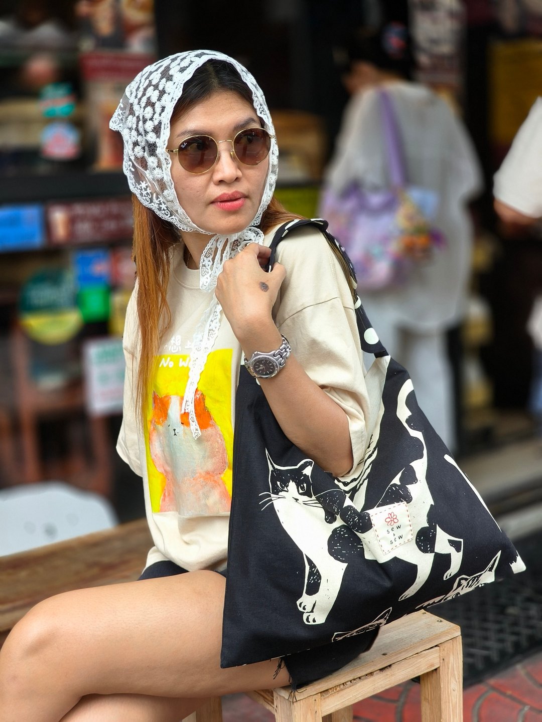 Japanese linen cat hobo reversible bag with polka dot strap - 手提包/手提袋 - 棉 多色