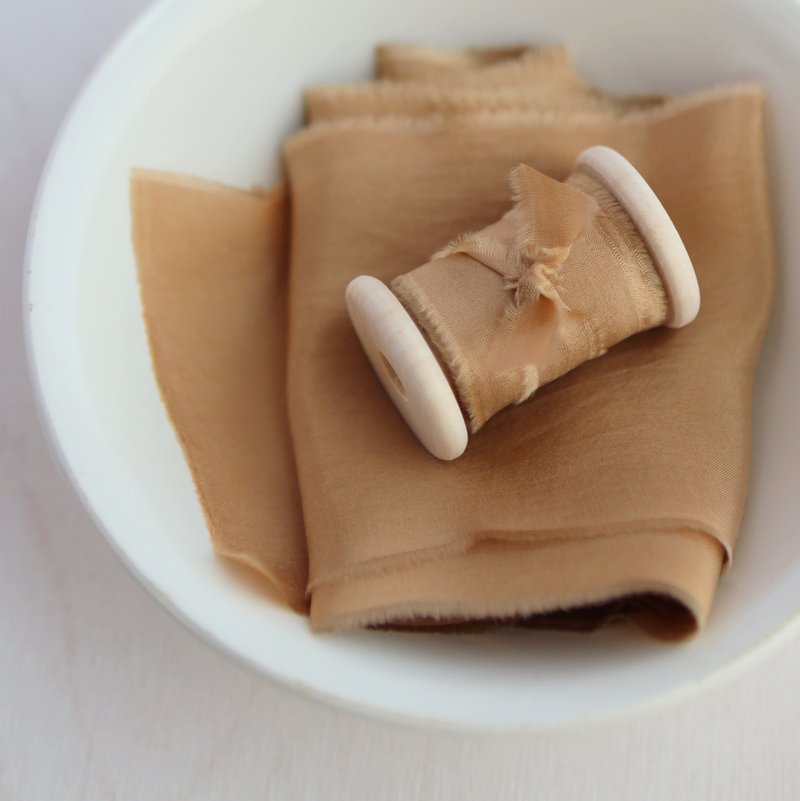 Bronze Silk Ribbon / Hand Dyed Silk Ribbon on Wooden Spool - 包装材料 - 丝．绢 咖啡色