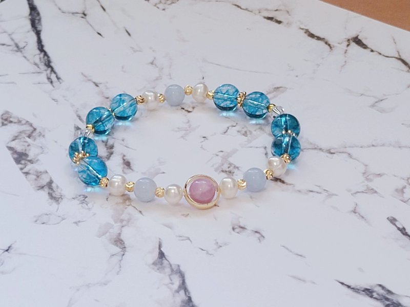 海蓝宝 蓝凤羽 珍珠 紫锂辉 || 平和情绪 净心净化 水晶手链 - 手链/手环 - 水晶 蓝色