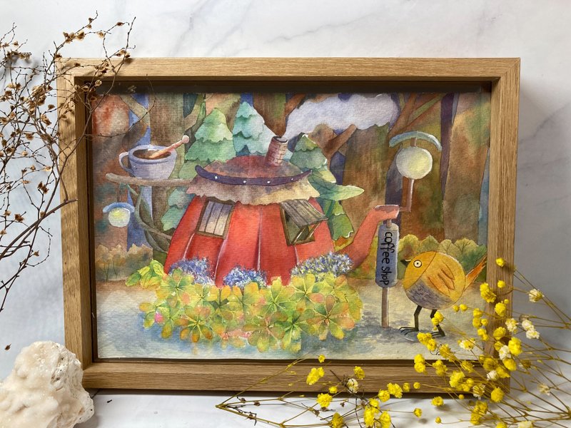 水彩原画/居家摆设/送礼/森林里的咖啡屋/奇幻之旅 - 海报/装饰画/版画 - 纸 绿色