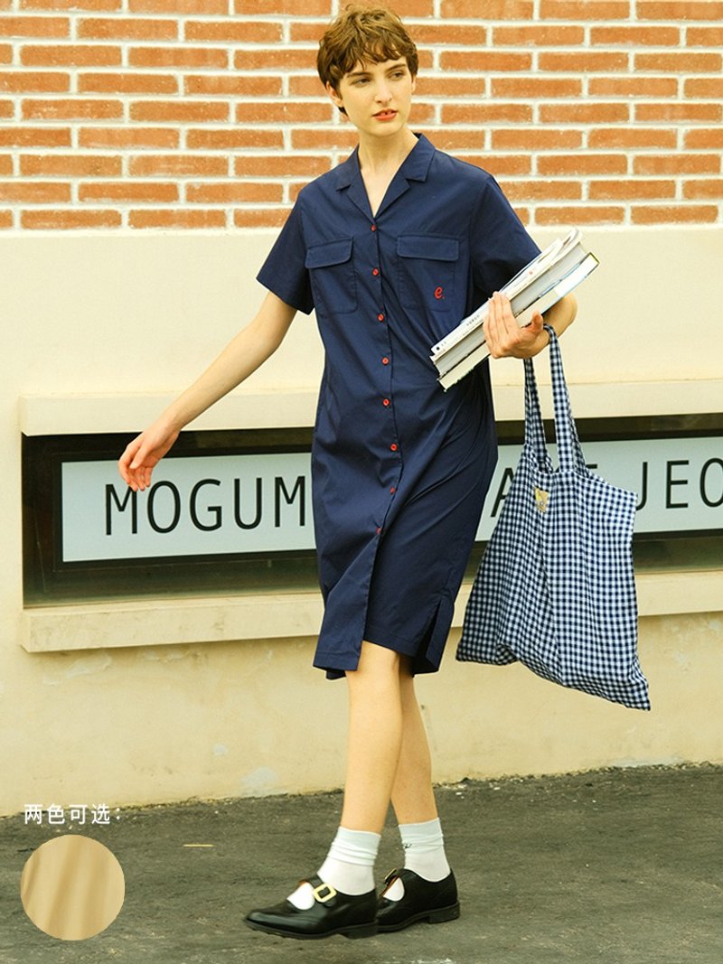 ECRU SOLI 素白已然 法式优雅 海军风显瘦 藏蓝七分袖 棉麻连衣裙 - 洋装/连衣裙 - 棉．麻 多色