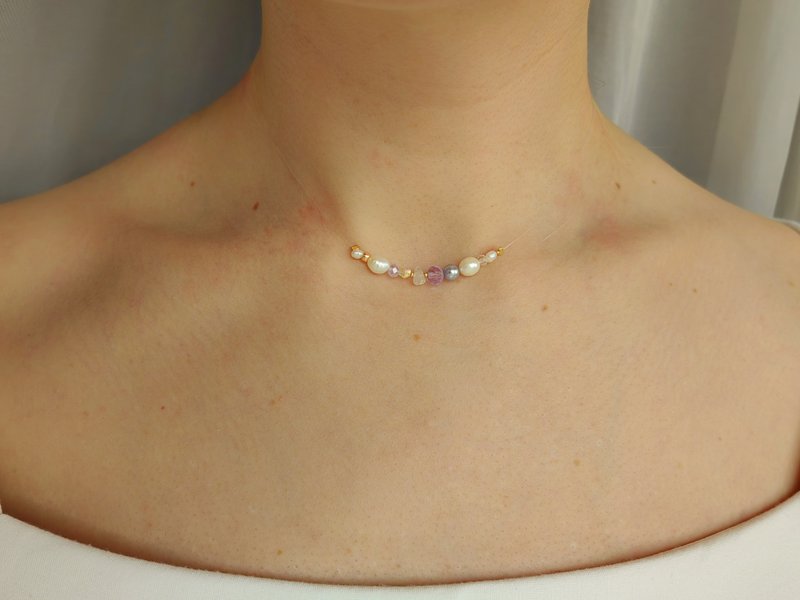 简约珍珠项链。手工项链。串珠项链。细绳项链。 - 项链 - 珍珠 粉红色