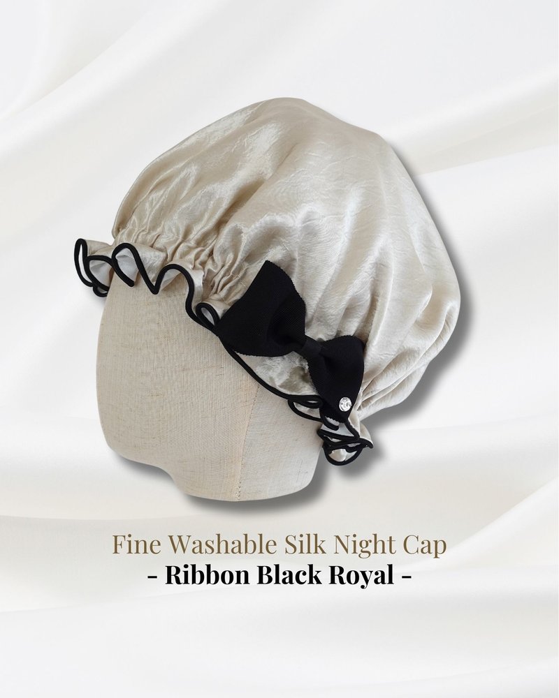 日本制可水洗蚕丝睡帽 Ribbon Black Royal 生日礼物 缎带滚边 - 脸部按摩/清洁工具 - 丝．绢 白色