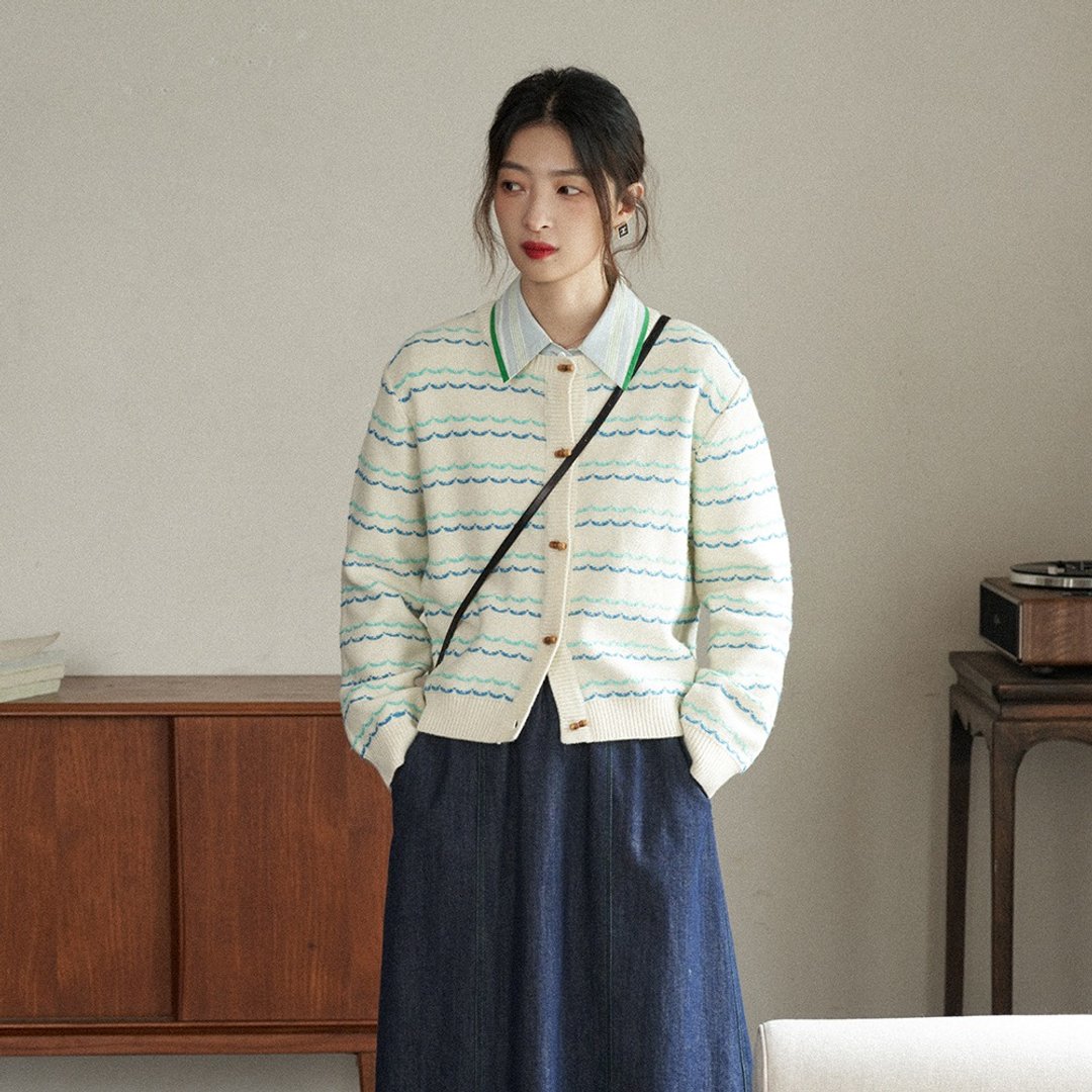 水波纹提花开衫|针织衫|春款|Sora-1462 - 女装针织衫/毛衣 - 羊毛 