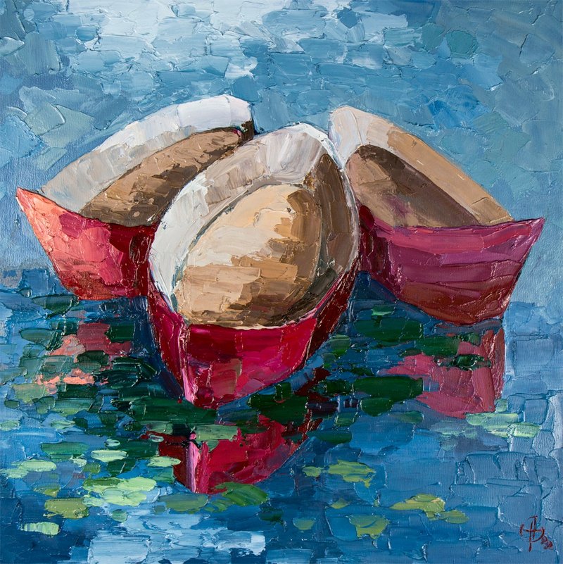 Boats Painting Lake Original Art Water Lilies Artwork Canoe Oil Painting - 海报/装饰画/版画 - 其他材质 蓝色