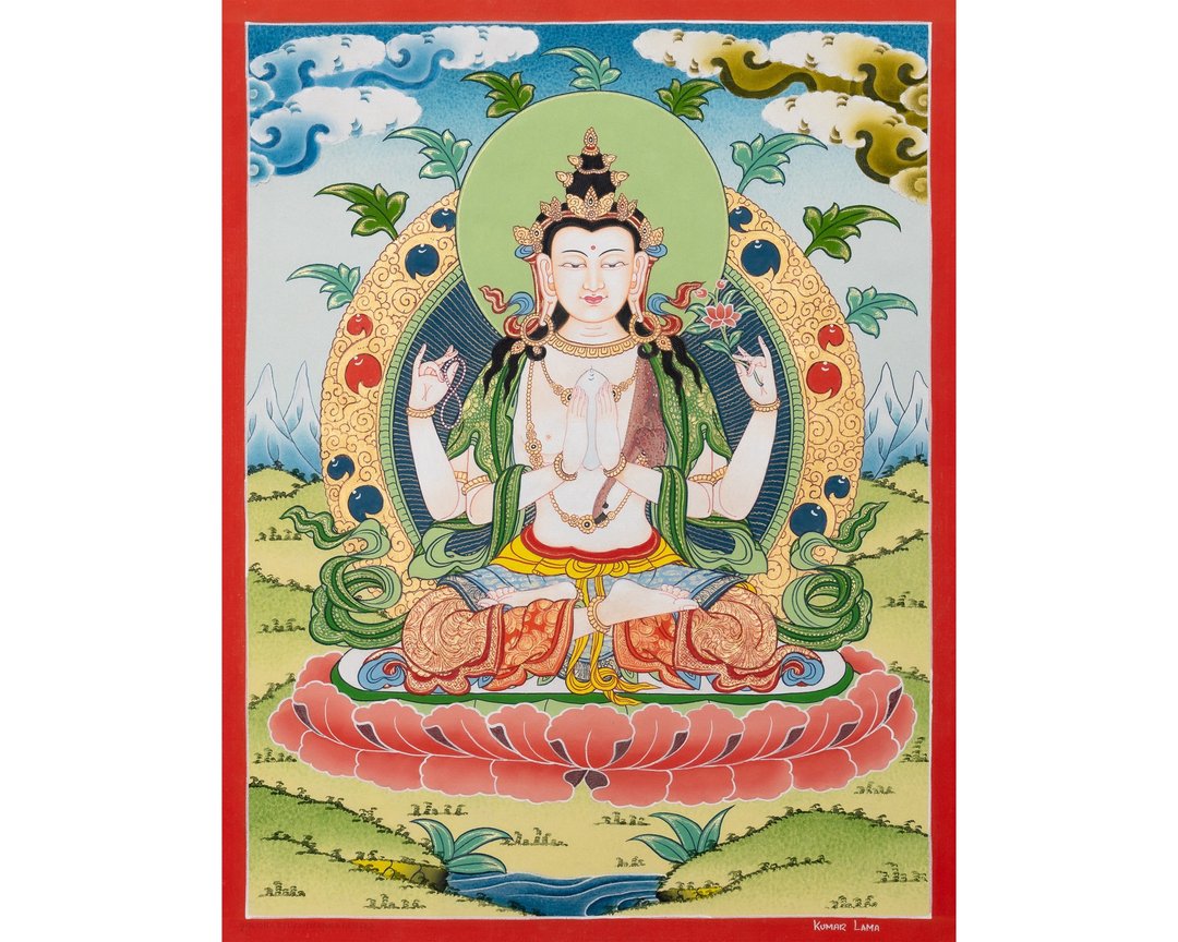 西藏唐卡画布上的四臂观音佛像家居祝福 - 墙贴/壁贴 - 其他材质 多色