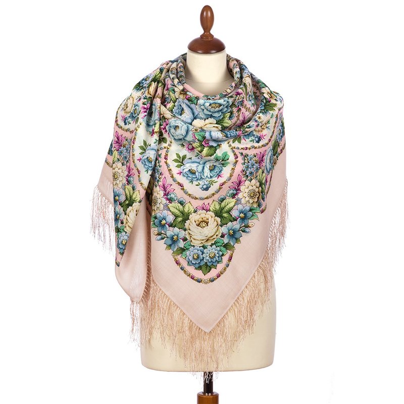 Pavlovo Posad Russian Shawl 100% Wool Scarf Silk Tassels 146x146 cm 1868-3 - 丝巾 - 羊毛 粉红色