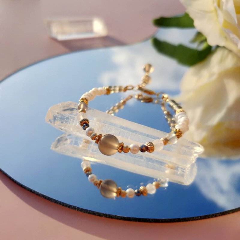 隽永。半宵 灰玛瑙 淡水珍珠 拉长石 14K包金 水晶矿石设计手链 - 手链/手环 - 水晶 灰色