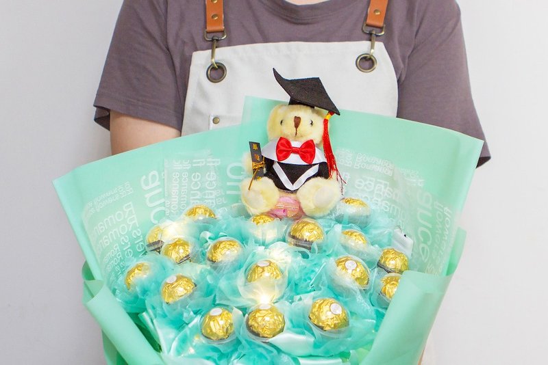 毕业花束 毕业熊+豪华版金莎18颗花束 附灯串 Tiffany绿 A012 - 巧克力 - 新鲜食材 绿色
