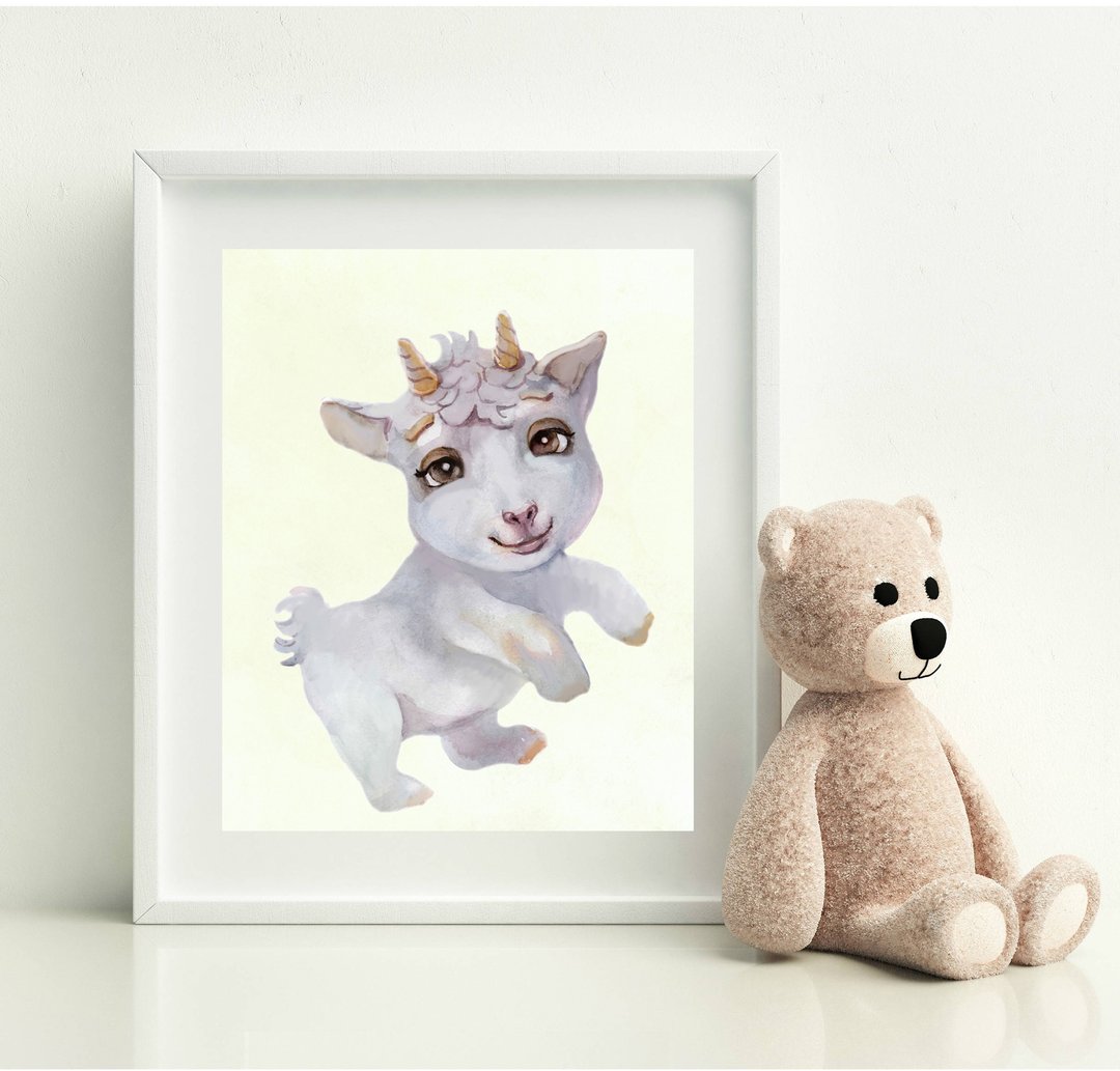 Kids goat Baby goat 動物掛畫 Farm animal art  Animal painting Nursery wall decor JPG - 电子手绘真人画像/绘画/插画 - 其他材质 